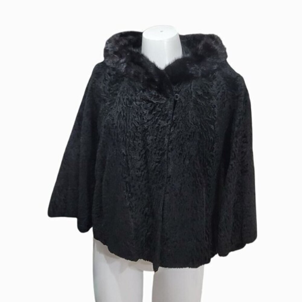 Vintage Black Persian Lamb Mink Collar Swing Coat Jacket
